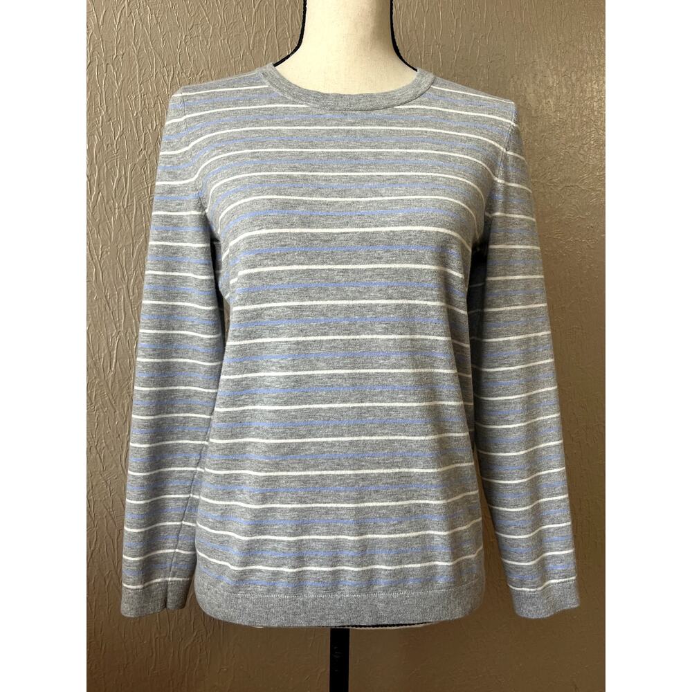 Talbots Women 's Striped Pullover Top Gray Light Academia Crew Neck Size Medium